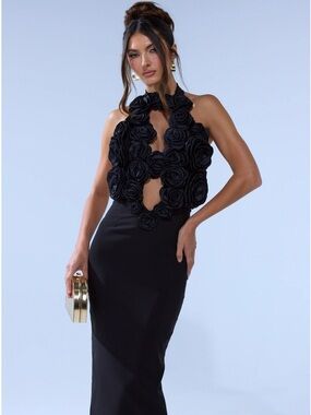 AKIRA Always On The Guest List Black Floral Appliqué Halter Midi Dress | Size 2X